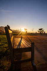 Spring day in the park. The rays of the sun fall on the benches