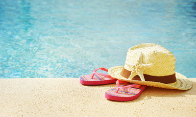 Summer accessories at the swim pool, Travel concept, Vacation time