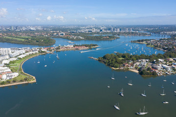 Aerial view of the Parramatta river, Sydney, looking towards the west.