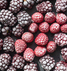 Frozen berries (blackberries and raspberries), covered with hoarfrost on a black ceramic plate. Home harvest. 