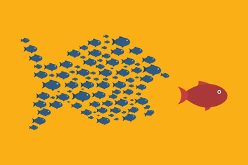 Little Fish Eat Big Fish. Unity, Teamwork, Organize Concept