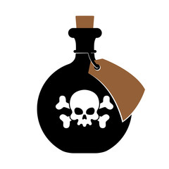 Bottle icon with poison and skull with crossbones, tag. White background, Isolated object. Vector illustration