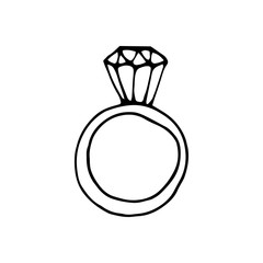 Single hand drawn wedding ring for greeting cards, posters, woman design. Isolated on white background. Doodle vector illustration.