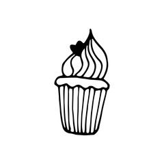 Single hand drawn cupcake, muffin. Doodle vector illustration in cute scandinavian style. Element for greeting cards, posters, stickers and seasonal design. Isolated on white background