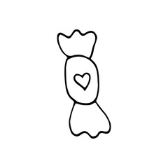 Single hand drawn element candy with heart for greeting cards, posters, stickers and seasonal design. Isolated on white background. Doodle vector illustration.