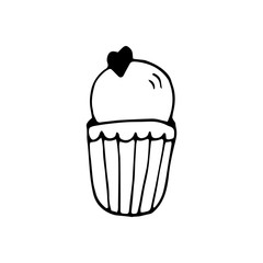 Single hand drawn cupcake, muffin. Doodle vector illustration in cute scandinavian style. Element for greeting cards, posters, stickers and seasonal design. Isolated on white background