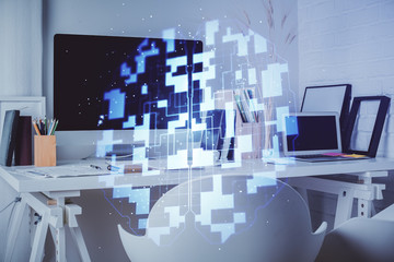 Double exposure of data theme drawing and office interior background. Concept of technology.