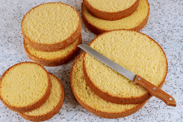 Fresh oven baked and sliced sponge cake with knife.