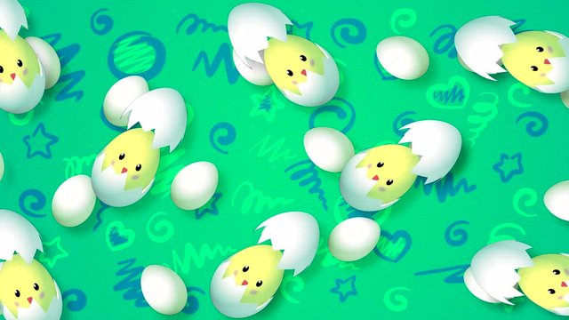 Abstract background with eggs flying horizontally from left to right with an opening shell on a colored painted background with elements from a 3D program.