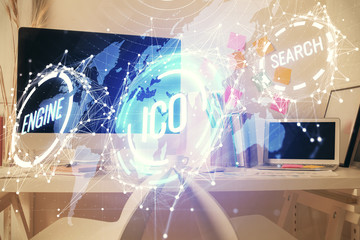 Double exposure of crypto technology theme drawing and office interior background. Concept of...