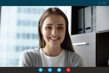 Headshot portrait screen application view of smiling millennial woman have pleasant Webcam...