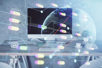 Multi exposure of world map drawing and office interior background. Concept of international network.