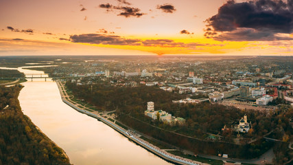 Gomel, Belarus. Aerial View Of City Park Paskeviches Palace And Homiel Cityscape Skyline In Autumn...
