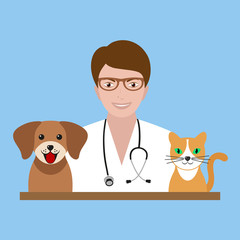 illustration of a veterinarian doctor with dog and cat on a blue background