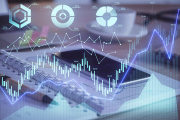 Double exposure of forex chart drawing and cell phone background. Concept of financial data analysis