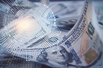 Double exposure of brain drawing over us dollars bill background. Technology concept.
