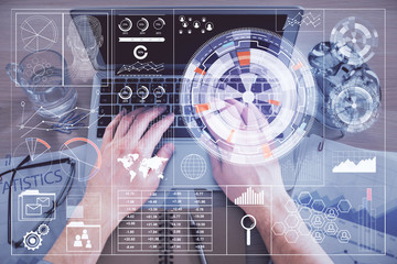 Double exposure of man's hands typing over computer keyboard and data theme hologram drawing. Top view. Technology concept.