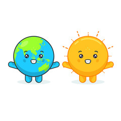 Cute Earth and Sun Characters With Happy Expression