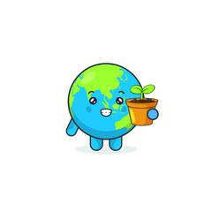 Cute Earth Character Holding A Tree Plant