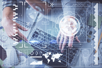 Double exposure of man and woman working together and data theme hologram drawing. Computer background. Top View.