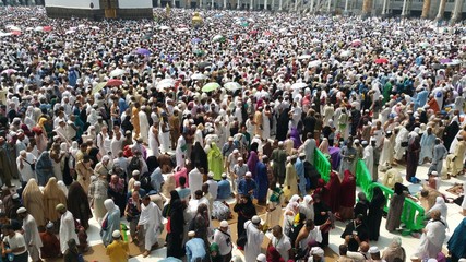 MECCA, SAUDI ARABIA,  August 2019 - Muslim pilgrims from all over the world gathered to perform Umrah or Hajj at the Haram Mosque in Mecca, Saudi Arabia, days of Hajj or Omrah