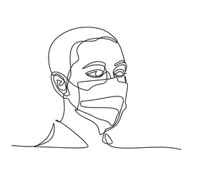 continuous line drawing of Man wearing hygienic mask to prevent infection, airborne respiratory illness such as flu, corona virus. Protection against contagious disease. isolated on white background