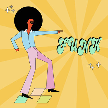 Funk and disco party dancer  in cool cartoon style. Man dressed in 1970s fashion. Funk music  poster.