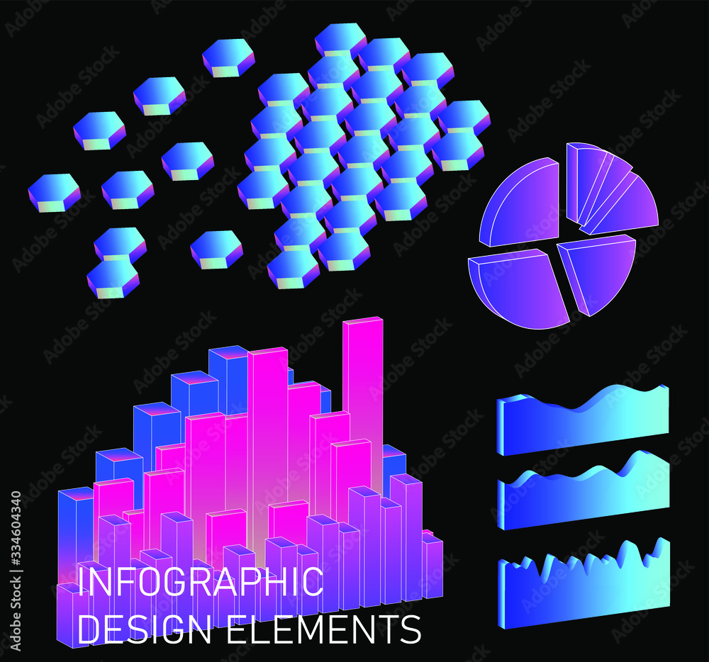 Poster Set of 3D graphs, charts, histograms and plots for UI and UX design.