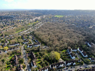 Aerial view of Hampstead Garden Suburb and typical house cottage, an elevated suburb of London.