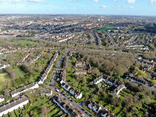 Aerial view of Hampstead Garden Suburb and typical house cottage, an elevated suburb of London.