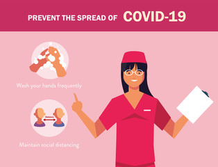 woman doctor explain Infographics how prevent the spread of covid 19