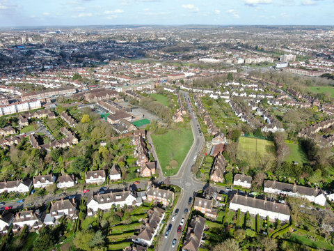 Aerial view of Hampstead Garden Suburb and typical house cottage, an elevated suburb of London.