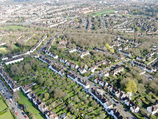 Aerial view of Hampstead Garden Suburb and typical house cottage, an elevated suburb of London.