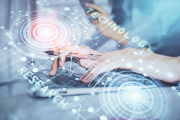 Multi exposure of woman hands working on computer and data theme hologram drawing. Tech concept.