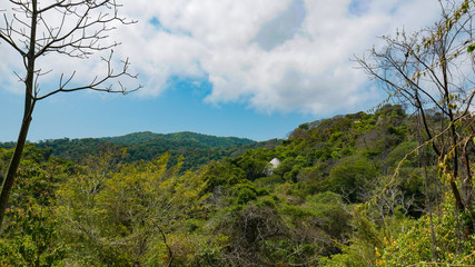 Obraz premium Beautiful landscape of National Park Tayrona in Colombia. Green forest with a big white stone in the middle.