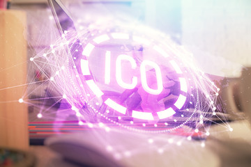 Double exposure of woman hands typing on computer and crypto market theme hologram drawing. Blockchain concept.