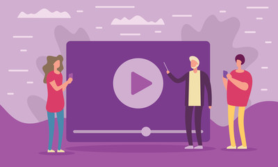 Distance education concept. People look at video screen. Metaphorical concept of distance learning and education. Element for education and learning design