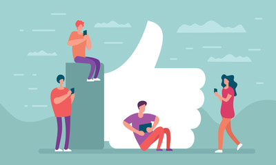 Social network and communication people. Like concept. People with phones at big thumbs up, like icon in flat style . Social media community background
