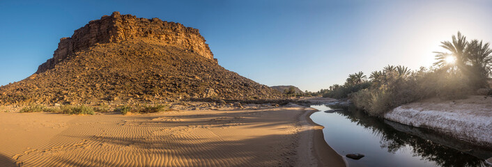 Panoramic View of Oasis with Mountain in the Desert of Mauritania near Atar - obrazy, fototapety, plakaty