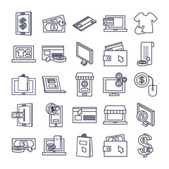 technology and payments online icon set, line style