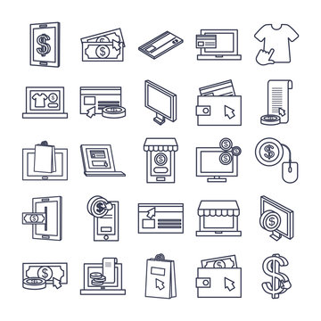 technology and payments online icon set, line style