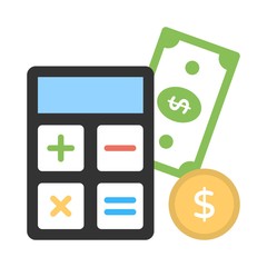 Commerce cost calculation icon in flat style. Calculator and money sign.