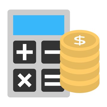 Commerce cost calculation icon in flat style. Calculator and money sign.