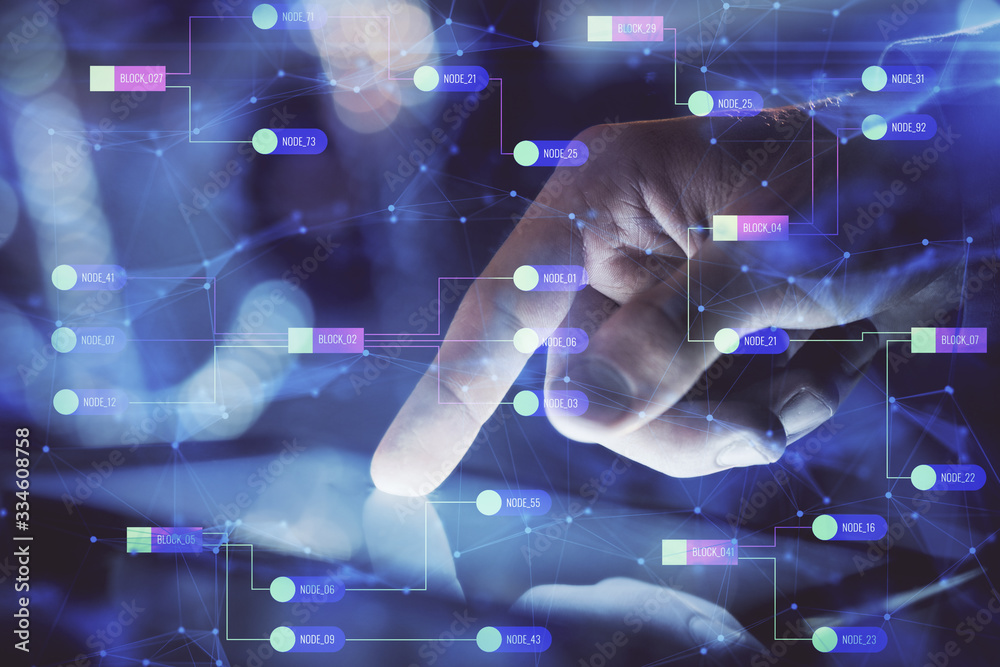 Poster Multi exposure of man's hand holding and using a digital device and data theme drawing. Innovation concept.