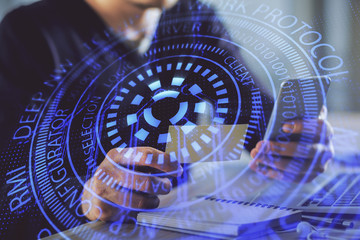 Multi exposure of man's hands holding and using a digital device and data theme drawing. Innovation concept.