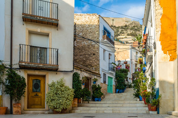 Colorful houses in the old town of Alicante, Spain
