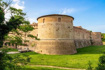 Fototapeta na wymiar Rocca Costanza degli Sforza or Fortress Castle of Costance of the Sforzas exterior partial view in Pesaro, Province of Pesaro and Urbino, Marche Region, Italy