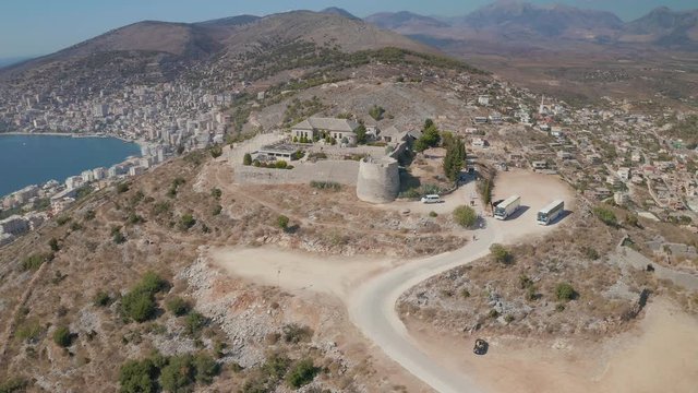 Lekuresi Castle historical ruins and panorama of the Sarande in Albania