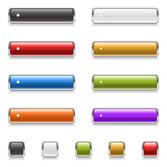 Vector set of chrome buttons with rounded corners in various colors (black, white, red, yellow, blue, green, orange, purple). Blank, isolated on white and easily editable.