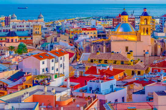 Alicante city view at dusk, Spain; colorful illustration